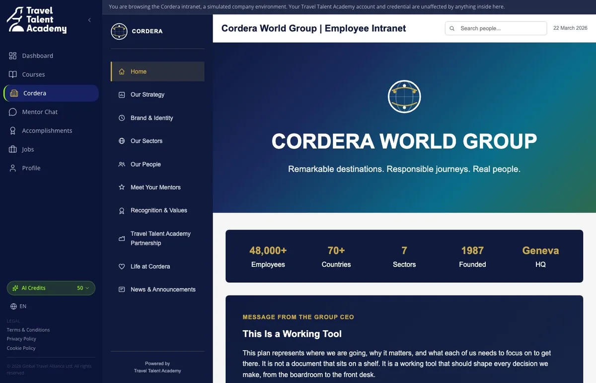 Cordera World Group simulated employer intranet