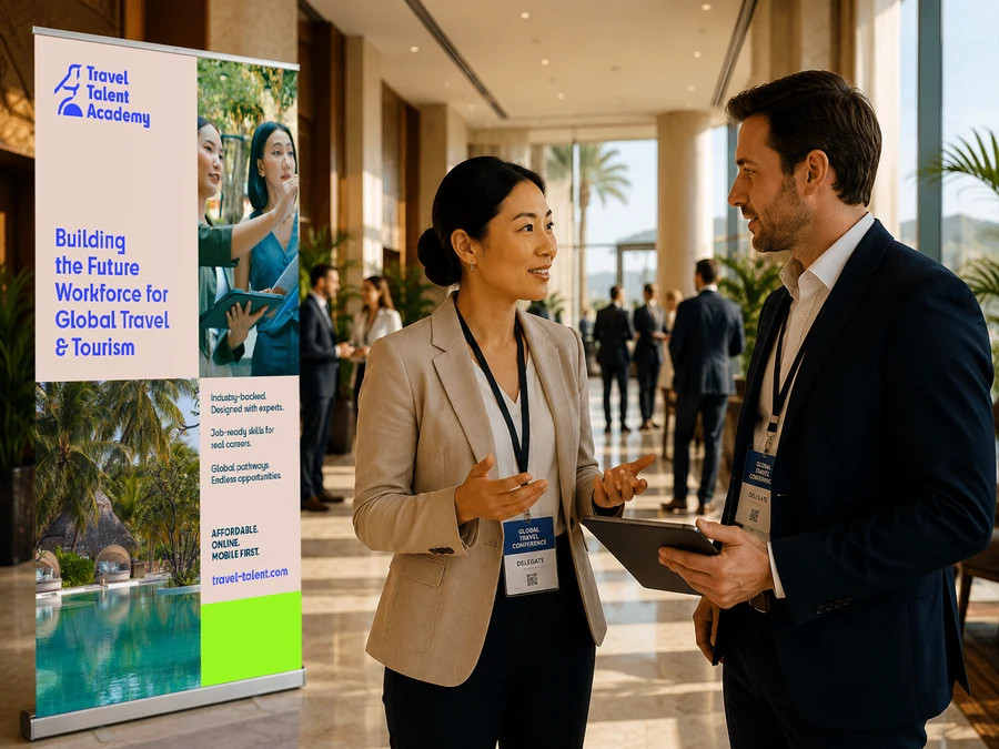 Travel industry professionals at a conference beside a Travel Talent Academy banner