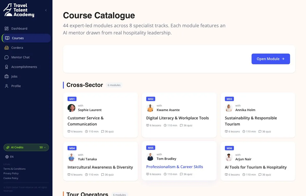 Course catalogue showing 44 modules across specialist tracks